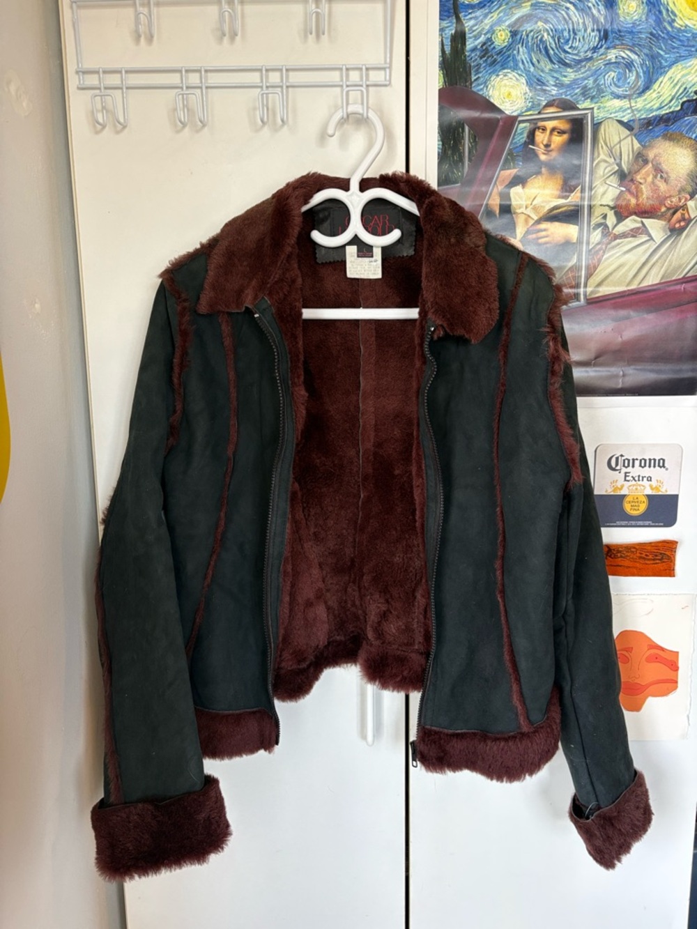 Women’s Black Suede Jacket with Burgundy Faux Fur Lining - Classic Zip Front
